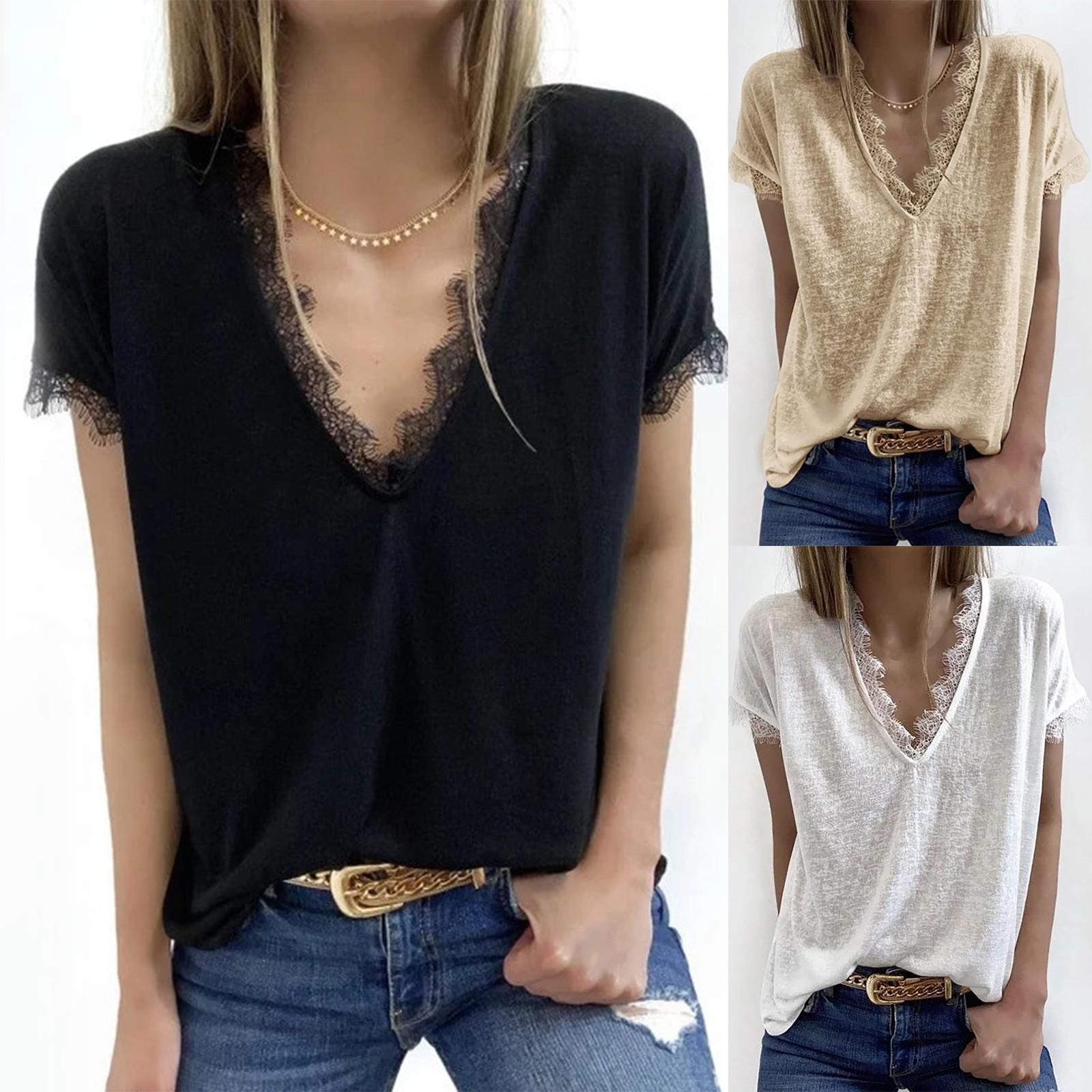 

Women Summer V-neck Solid Short Sleeve Lace Patchwork T-Shirts Graphic Blouse