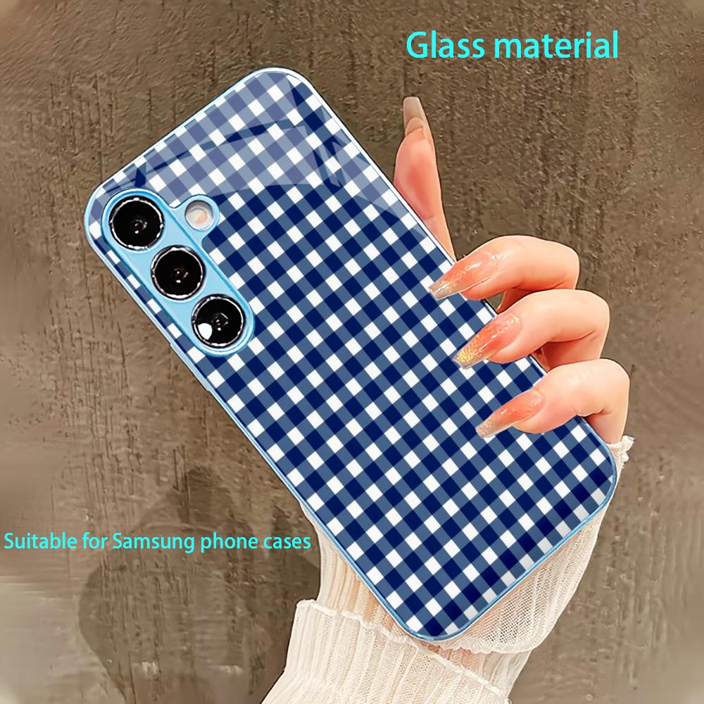 Blau weiß kleine Karos Handyhülle für Samsung Galaxy S26 S25 S24 S23 S22 FE Ultra Plus Integriertes Glasgefühl Bare Machine Männer Frauen