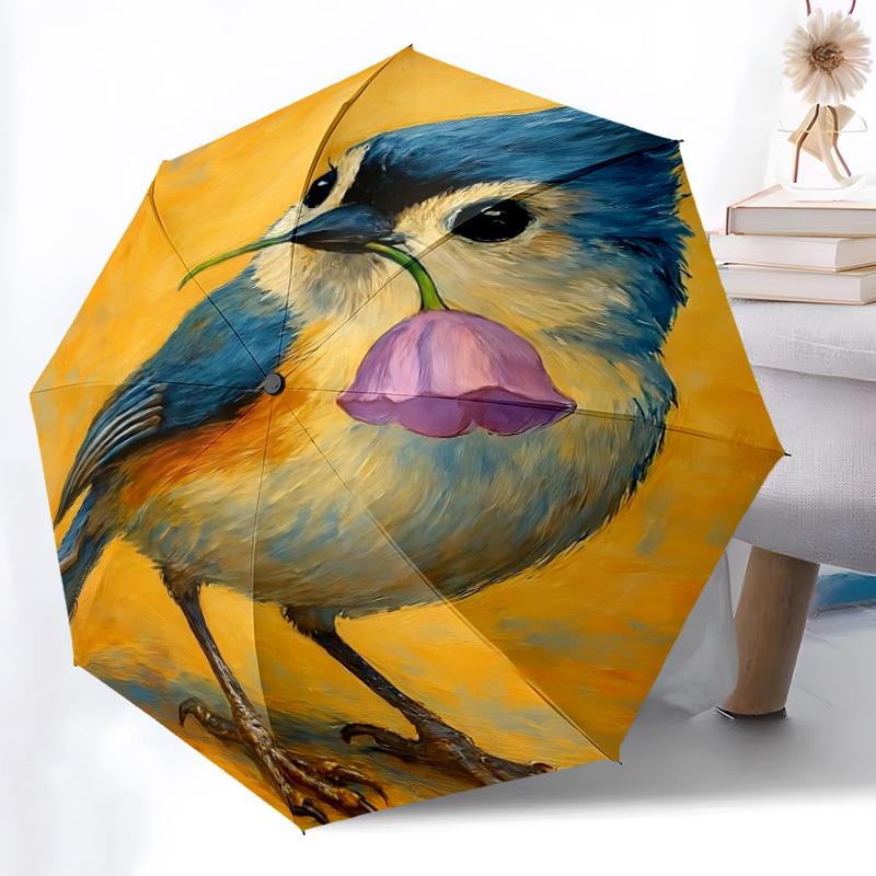 1pc Bird Flower Automatic Folding Umbrella - Compact 8-Rib Design, Durable Plastic & Iron, Daily Use Z1230052
