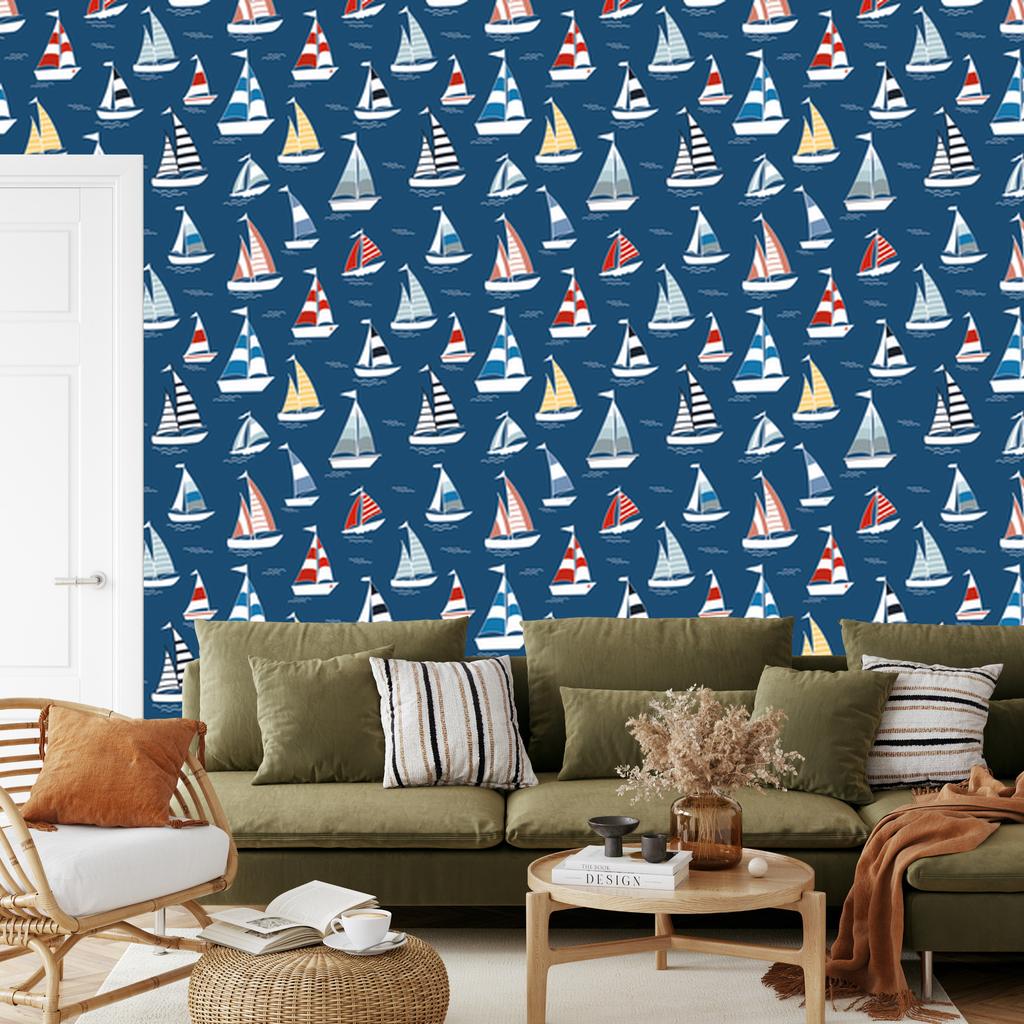 Wallpaper Colorful sailboats at sea for living room and bedroom 50x1000