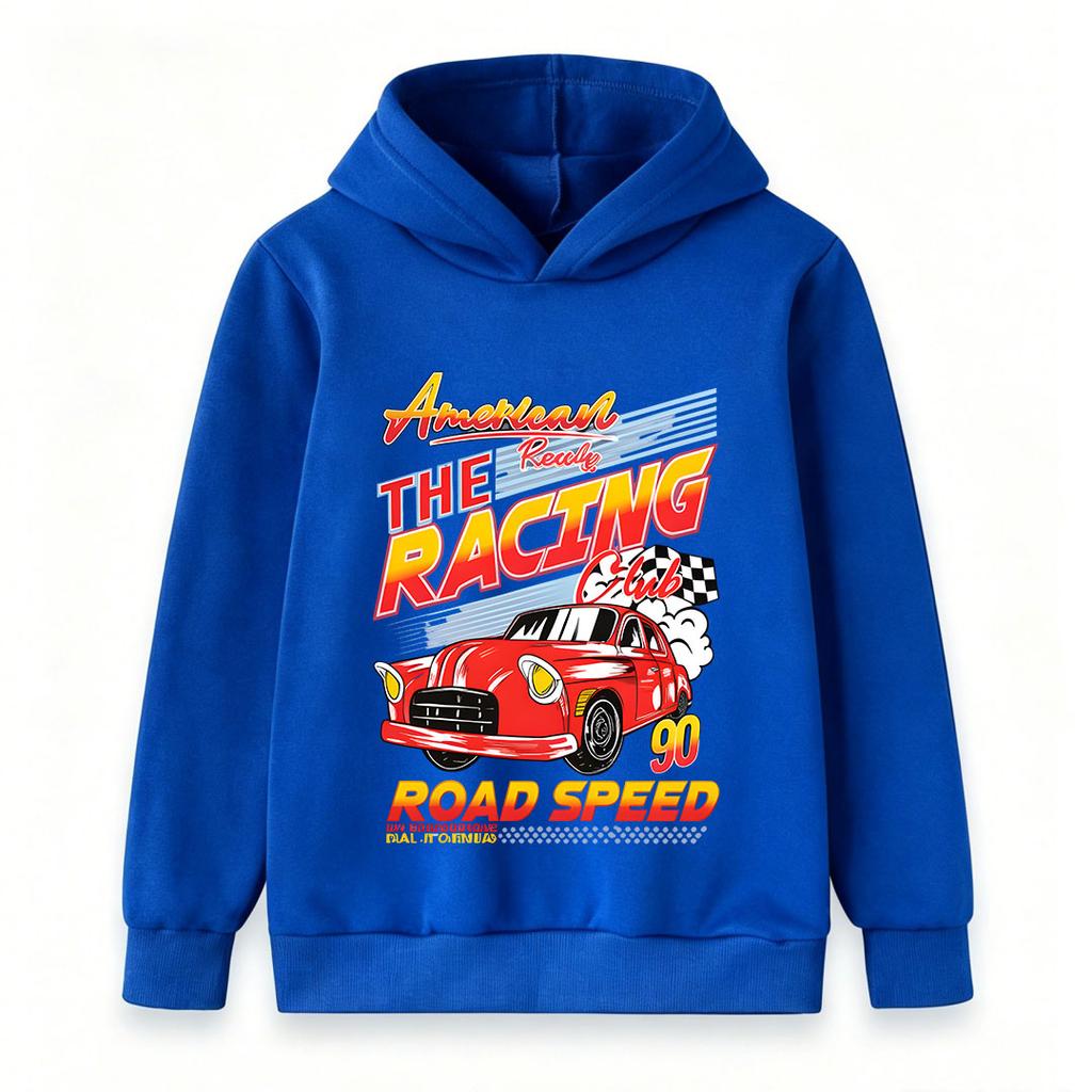 Kids Boys Girls Pullover Hoodie, Vintage American Racing Car Club 90s Road Speed Print Casual Soft Hooded Sweatshirt for Daily Outdoor Sport Wear