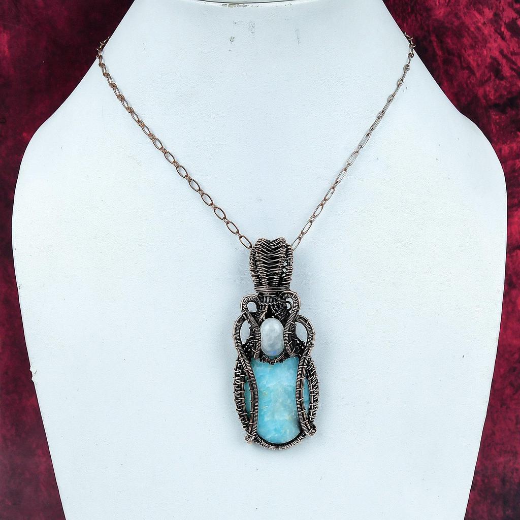 Larimar Pendant Rainbow Moonstone Pendant Copper Wire Wrapped Gemstone Jewelry