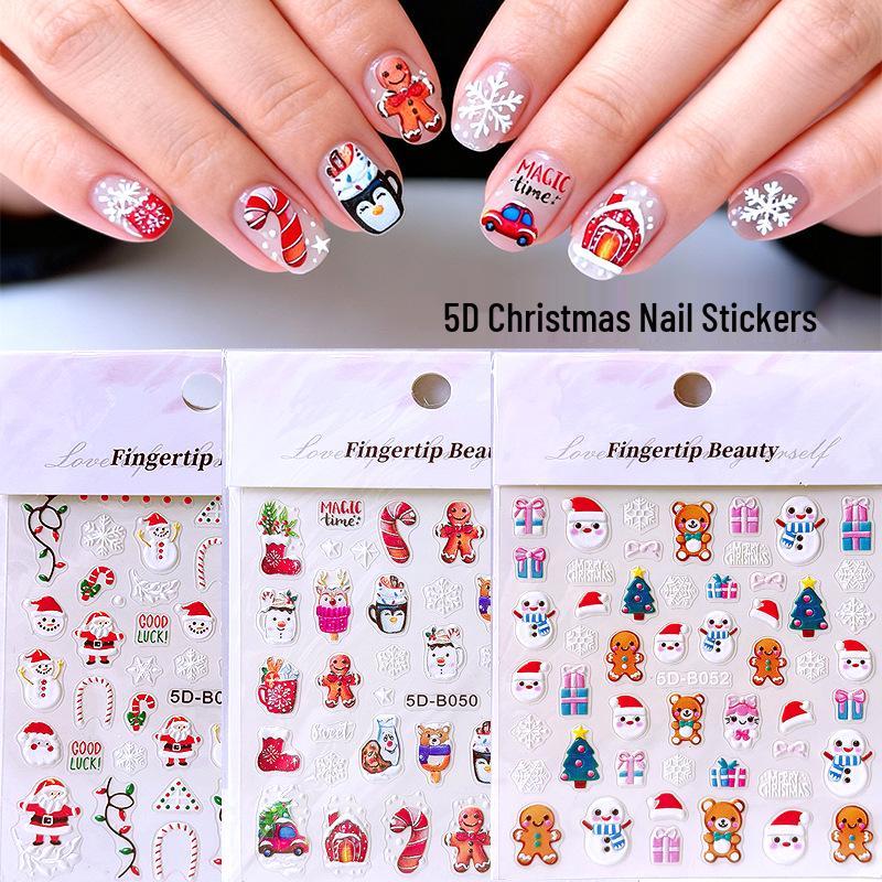 In-Style Christmas Embossed Nail Stickers - Snowman, Bear, Snowflake & Penguin Winter DIY Decorations