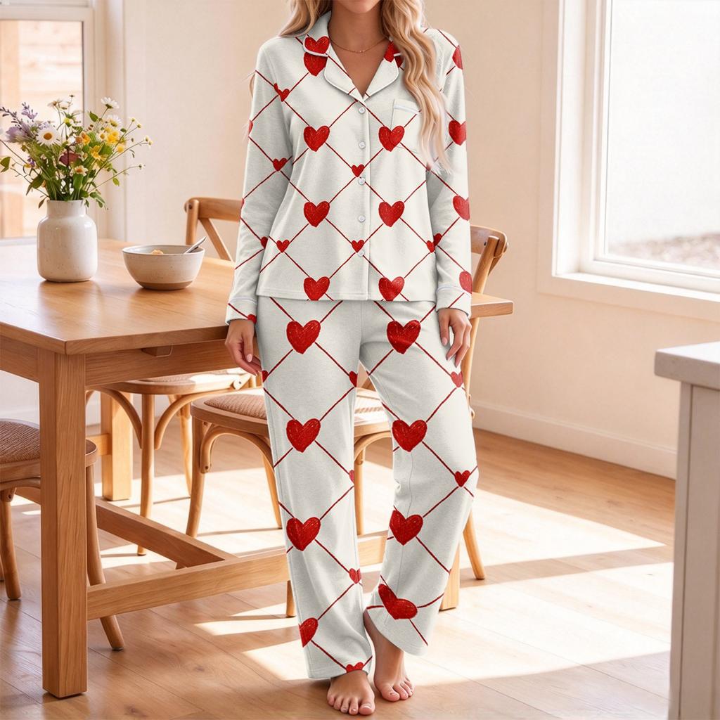 Women's Pajamas Fashion Print Long-Sleeve Button-Up Top Pocket Pants Home Casual Notched Collar V-Neck Two-Piece Set