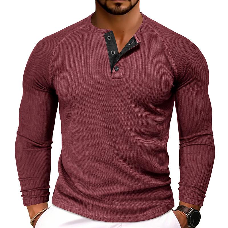 Mens Fall Winter Waffle Knit Long Sleeve Casual Henley Base T Shirt