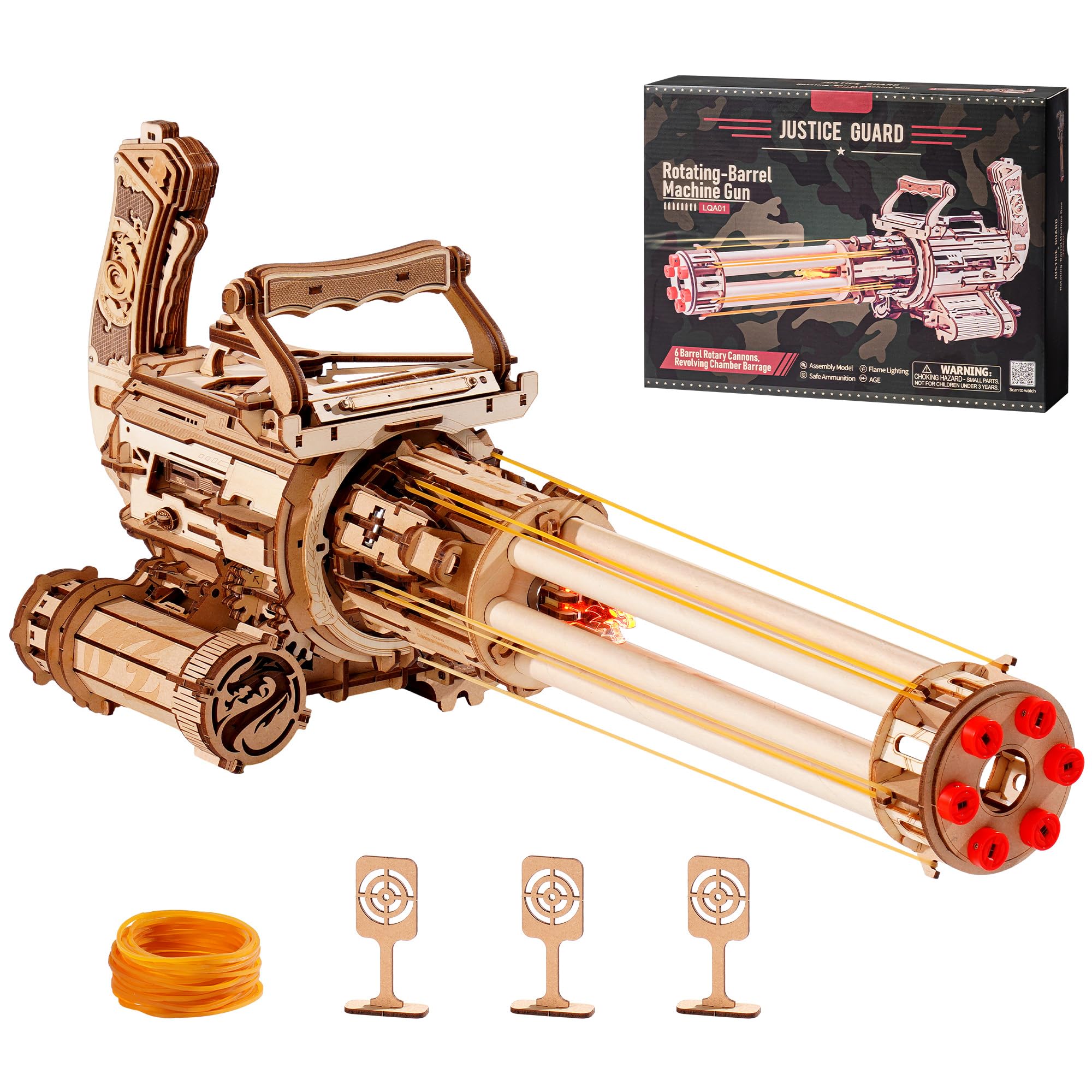 

ROBOTIME 3D Wooden Toy Gun with Rubber Band Gun and Gatling Electric Rapid LED Muzzle Assembly STEM Summer Vacation Craft Toy Brain Educational No