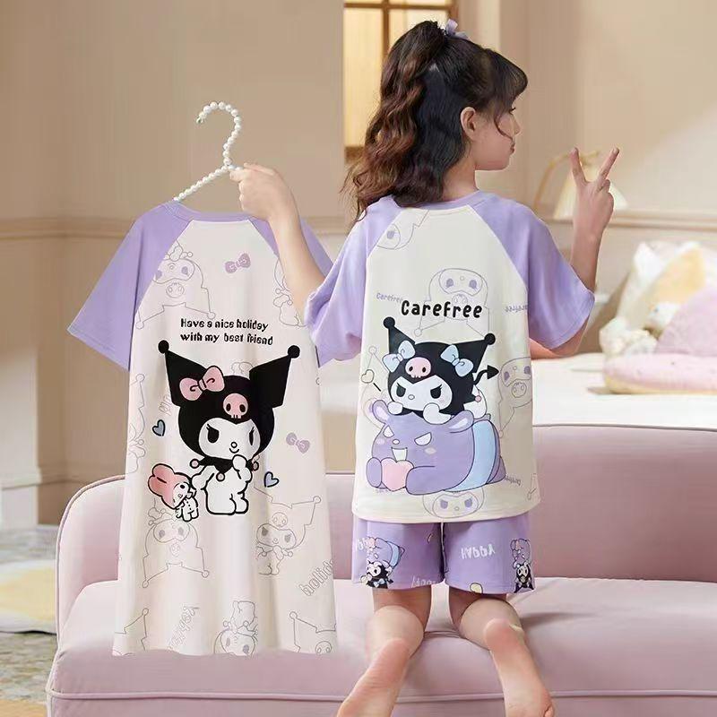 Three-Piece Girls' Pajama Set: Short Sleeve, Long Pants, Lightweight Sleepwear for Kids