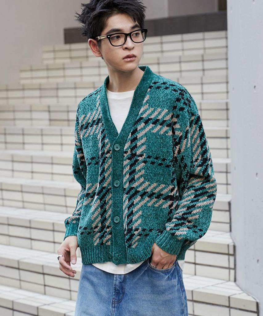 WEGO Velvet Mohair Pattern Long Korean Perfect for and Size Green Men's Cardigan, Sleeve, Casual, Check, Spring, Autumn, Winter, M, Check, Gift.