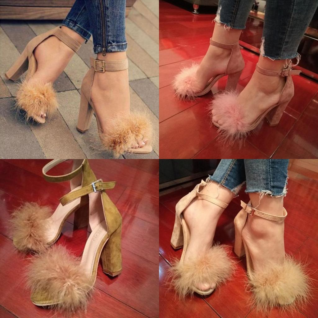 Elegant Womens Fashion Summer Lace Up High Heel Sandals With Hair Ball Design