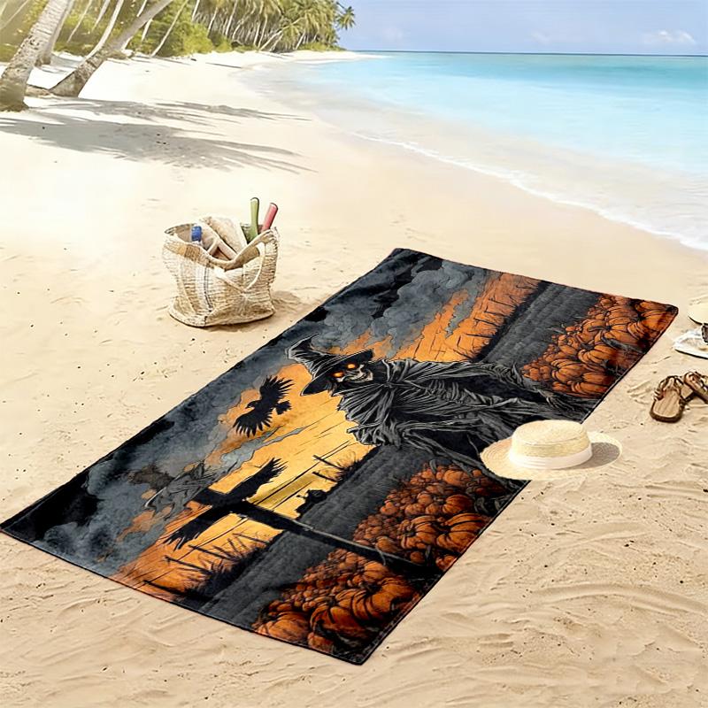 Halloween Skeleton Wizard Pumpkin Field Print Beach Towel, Gothic Spooky Quick‑Dry Towel for Beach Pool Travel