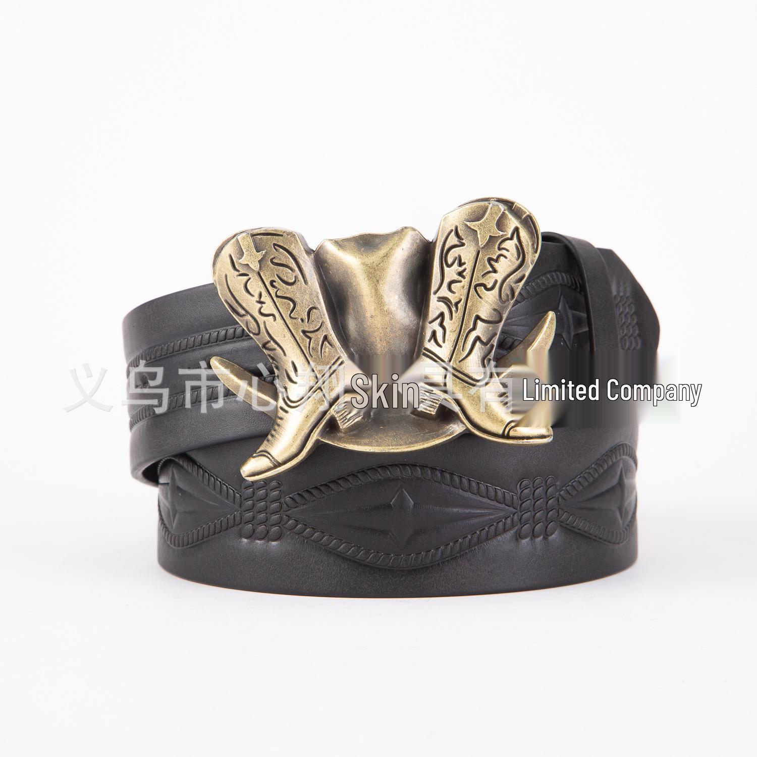 Retro Bronze Buckle Western Cowboy PU Leather Belt 120cm