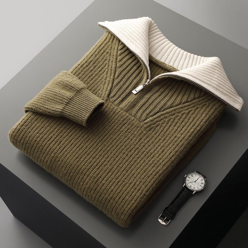 Men's Fashion Versatile Half-Zip 100% Wool Color Block Sweater