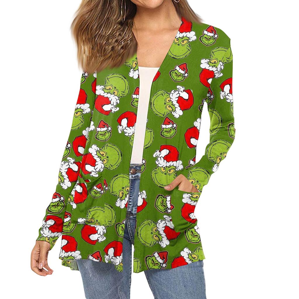 Women's Fashion Christmas Print Long-Sleeved Pocketed Slim-Fit Cardigan Coat