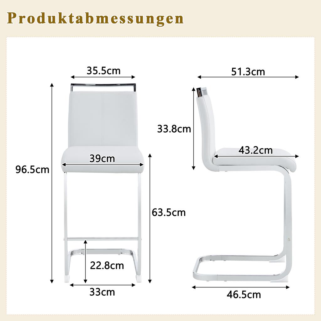 Set of 2 Bar Stools in Nordic Style. High-quality white faux leather with silver metal legs. Suitable for restaurants, kitchens. Height: 96.5 cm.