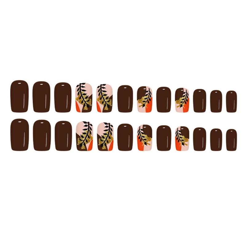 Salon Grade Press On Nail Gold Foil Glitters Artificial Nail Autumn Winter Deep Brown Shade 24Pcs/Box NonToxic
