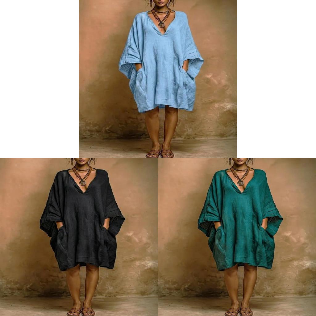Elegante Vestito con Scollo a V, Tasche e Maniche a Pipistrello per Look Casual Primaverili