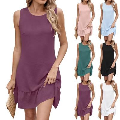 Fashion Solid Color Round Neck Sleeveless Lace-up Dress For Women