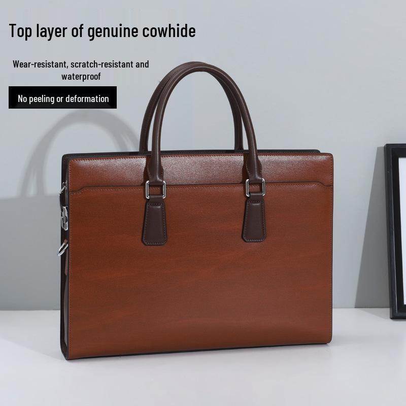 Men's Genuine Leather Anti-Theft Briefcase with Combination Lock