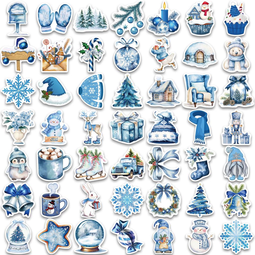 50PCS Blue Winter Christmas Graffiti Stickers DIY Phone Case Stationery Luggage Notes Waterproof Stickers