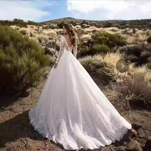 Spring, Autumn, Autumn and Winter New European and American Women's Clothing Long Sleeve Shoulder Bridal Wedding Dress Dress Sexy