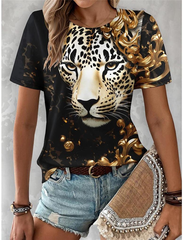 Sommer Damen Pendelshirt mit Löwenprint, Rundhalsausschnitt, kurzärmlig