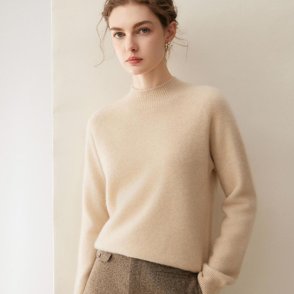 Women's Winter Pure Cashmere Sweater - Half-High Collar Loose Fit Pullover, Gentle Style, Slimming and Thick
