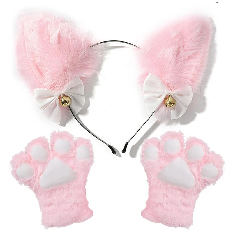 Kattenoortjes Strik Hoofdband Ketting Kattenklauw Handschoenen Cosplay Pluche Bel Haarband Vrouwen Meisje Maskerade Feest Hoofddeksel Haaraccessoires