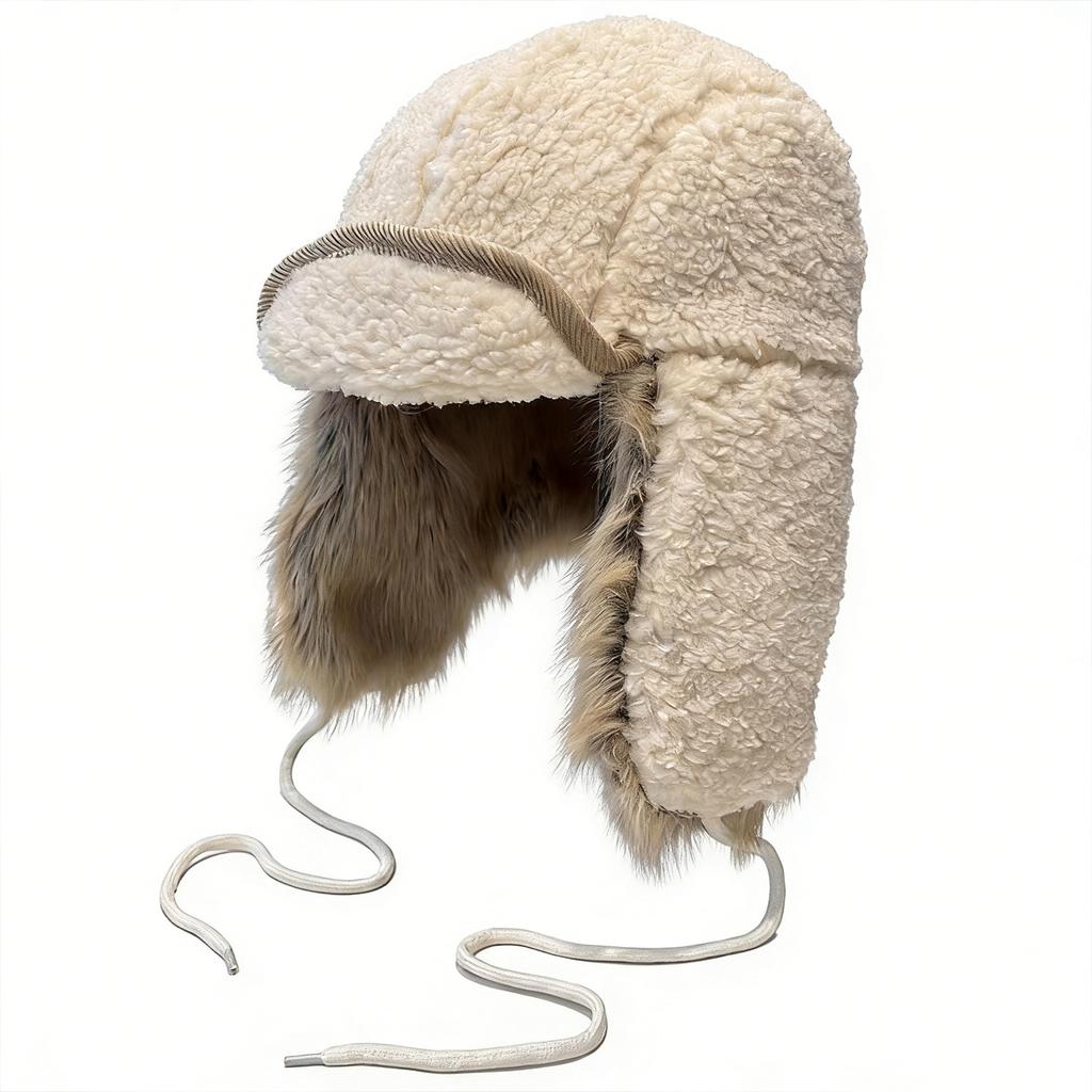 Lamb Wool Fleece Ear Protection Lei Feng Hat Women's Winter Northeast Ski Hat Warm Big Head Circumference Flying Hat