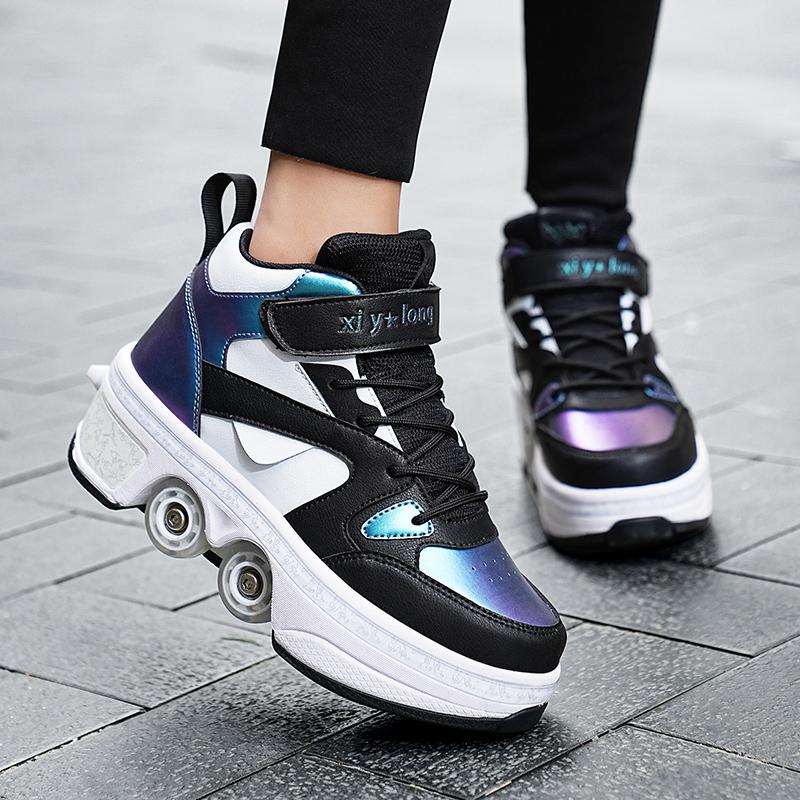 Kids Roller Skates Shoes 6-15 Years Old Four-wheel Deformation Can Walk Can Skate Skates Girl Runaway Shoes