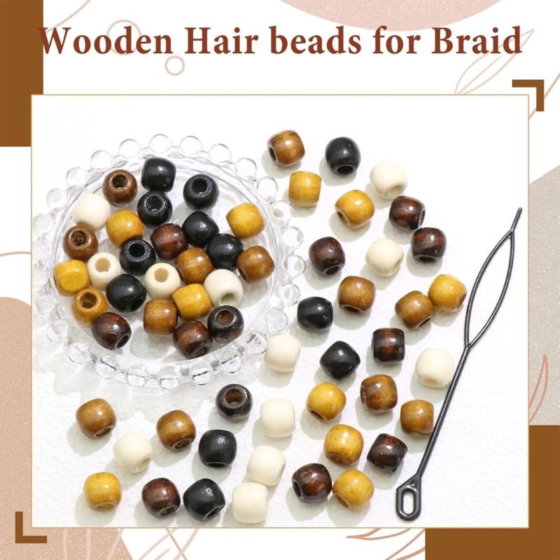 Large Hole Hair Beads for Braids and Dreadlocks, Painted Multicolor Decorations with Natural Wood-Inspired Look