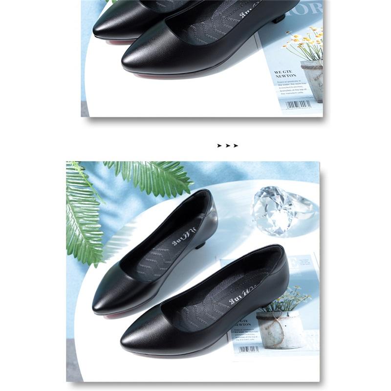Women Black Leather Block Heel Pumps Comfortable Office Work Shoes