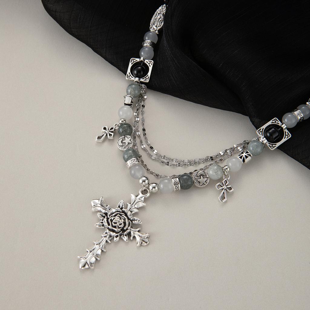 Sweet Cool Style Spice Girl Cross Beaded Rose Flower Fringed Necklace Vintage Heavy Industry Necklace Niche Personality Items