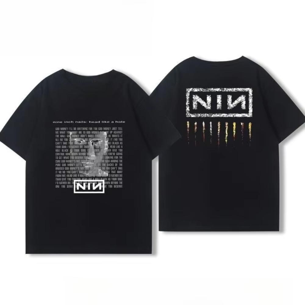 American Mens and Womens Summer Cotton Coat Nine Inch Nails Nine Inch Nails Surrounding Rock Band Short Sleeve Printed Tshirt
