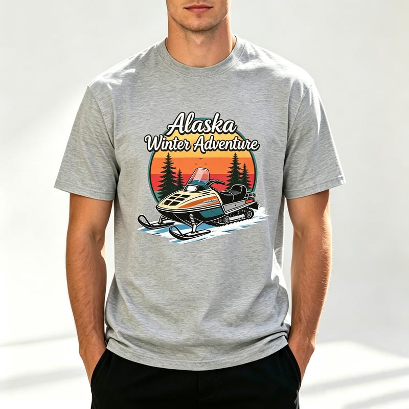 Alaska Winter Adventure T Shirt Snowmobile Graphic Tee Retro Sunset Mountain Pine Tree Print Cotton Short Sleeve for Unisex