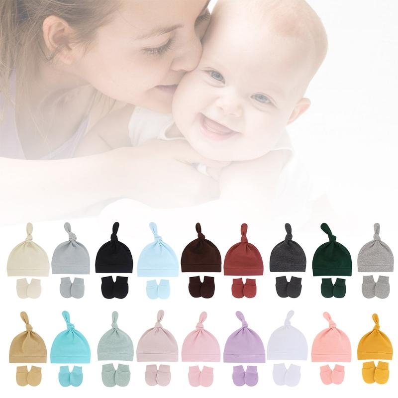 2 Pcs Cute Tail Knot Turban Beanie Cap Soft Cotton Comfy Baby No Scratch Mittens Kit Baby Anti Scratching Gloves Hat Set