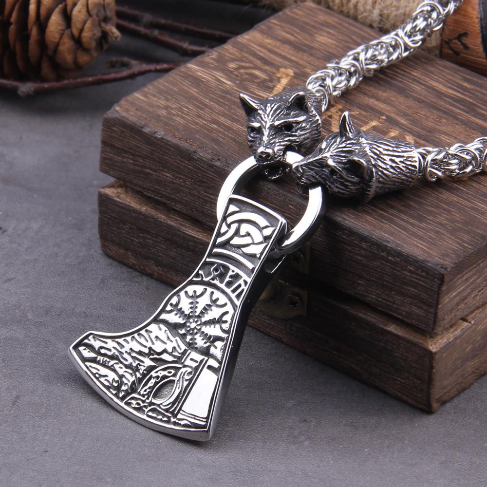 Stainless Steel Wolf Head Thor Hammer Mjolnir Viking Necklace Handmade Chain with Wooden Box Gift for Boyfriend