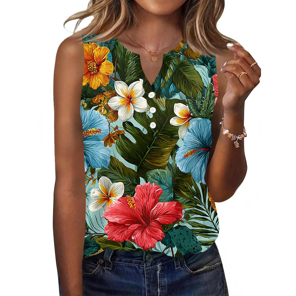 Women's Fashionable Casual Hawaiian Print Sleeveless Button Vest Top