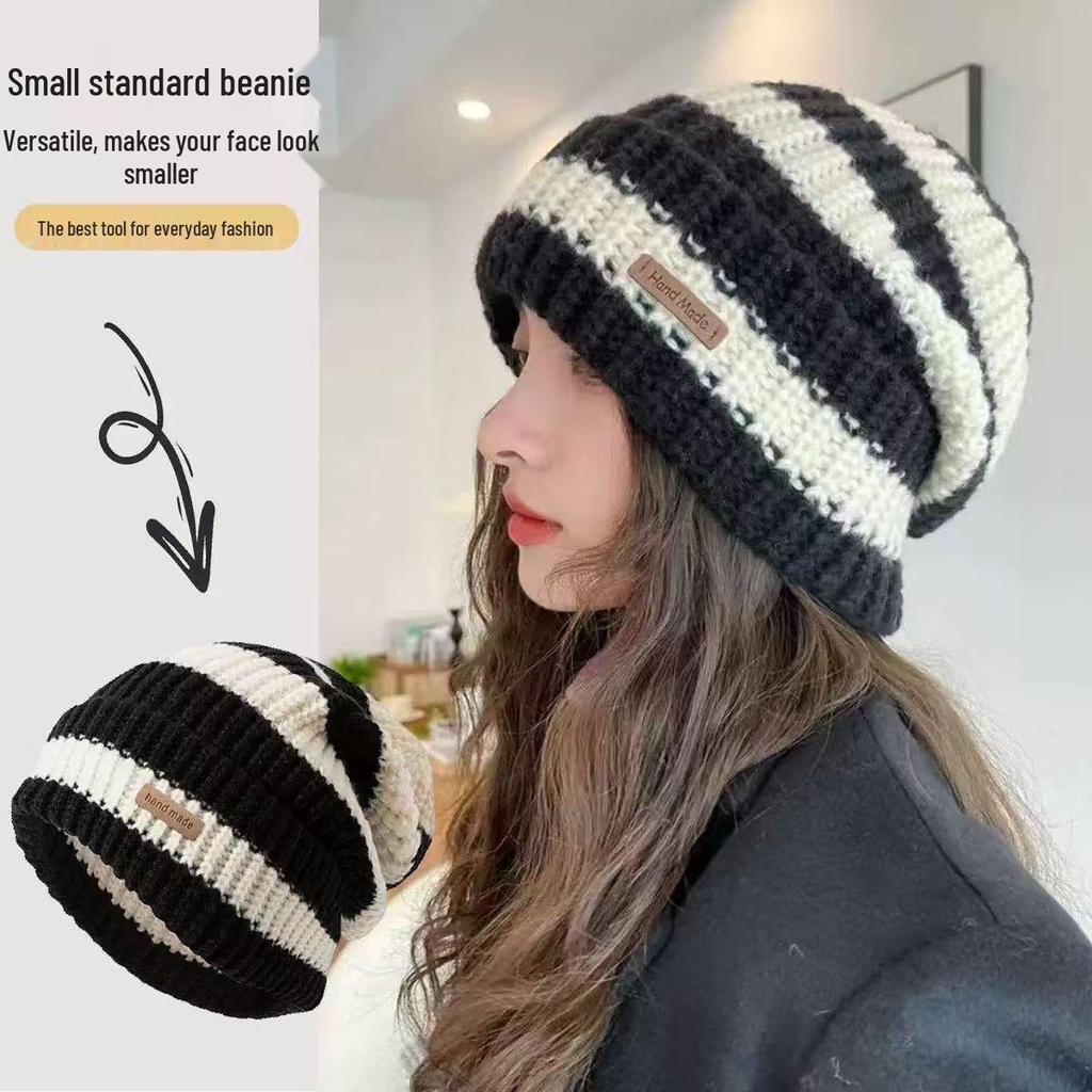 Women's Striped Wool Beanie - Oversized, Warm, Versatile Knitted Hat for Autumn and Winter