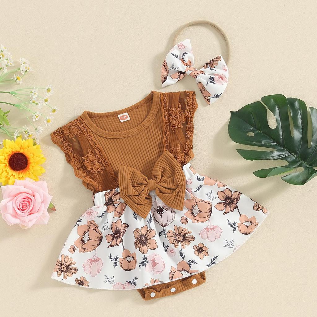 Baby Girl Summer Jumpsuit 3 6 12 18 Months Floral Print Lace Patchwork Romper Dress and Headband Set Cute Fashion Clothes Outfits