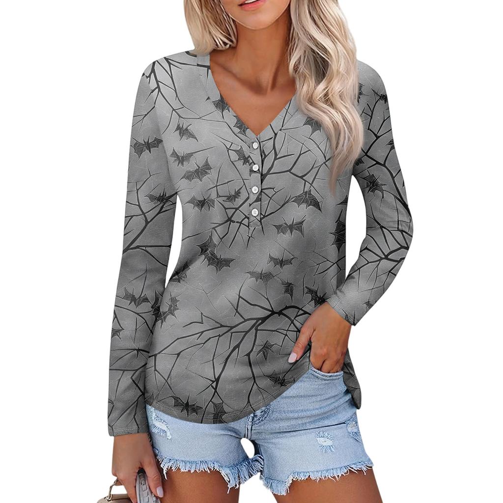Women's Casual Fashion Sexy Comfort Halloween Printed V-Neck Button Long Sleeve