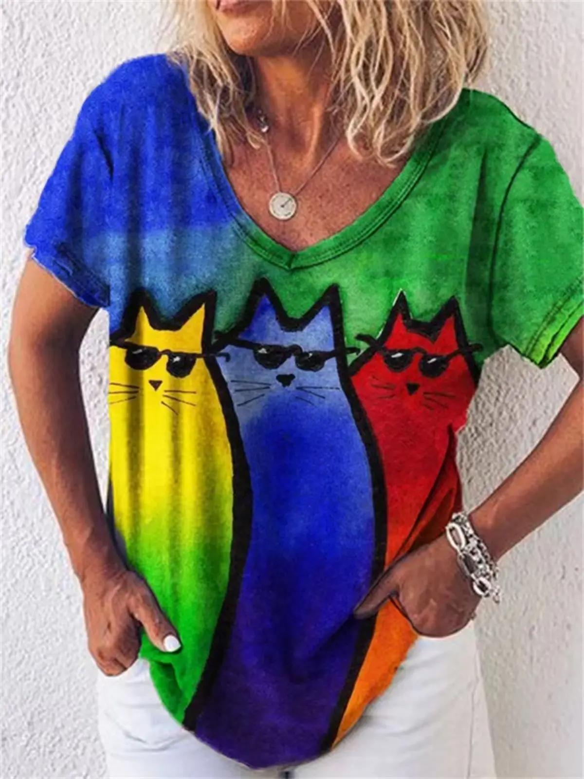 

Літні футболки з V-подібним вирізом, барвистим 3D-принтом, графікою каваї-кота, модні, повсякденні, з коротким рукавом, жіночі L