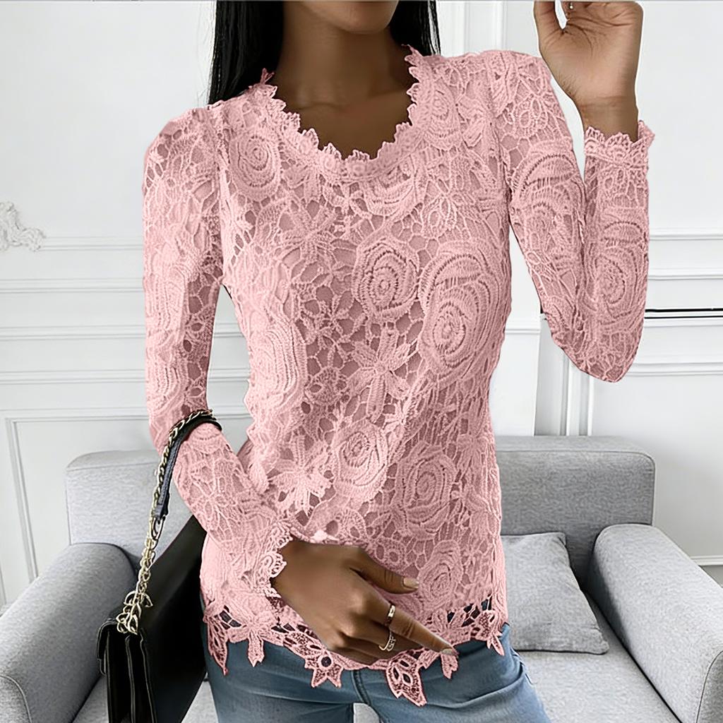 Dámský barevný ležérní elegantní krajkový top s kulatým výstřihem a dlouhým rukávem