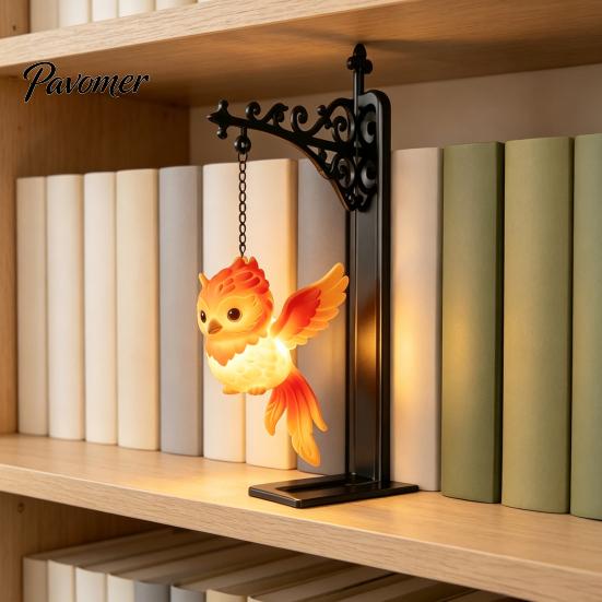 Magische Schlafzimmer-Nachtlicht-Bücherregal-Lampe mit Eulen-, Phönix- und Hirschfiguren, Vintage-Eisenständer Dekorativ für Bücherregal-Beleuchtung, Warmes Bibliothekslicht