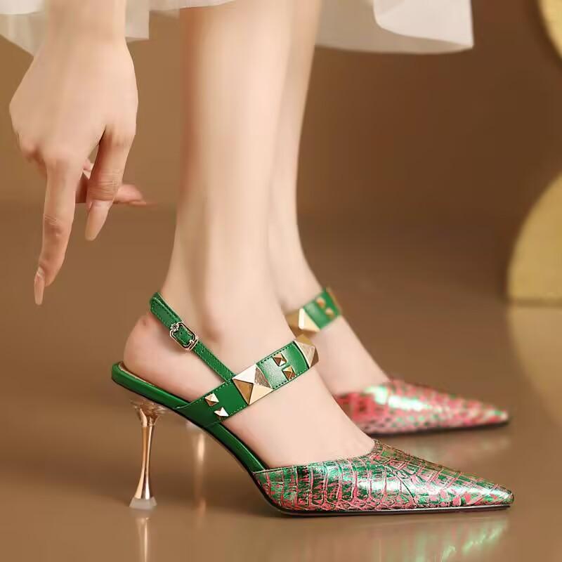 34-43 Large Elegant Baotou Sandals for Women 41 New Rear Empty High Heels 42 Small Shallow Mouth One Button Single Shoes
