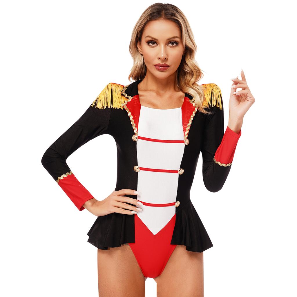 Femei Halloween Circ Ringmaster Cosplay ciucuri Tricou Costum de scenă Femei Patchwork Body cu fustă Ținute pentru joc de rol