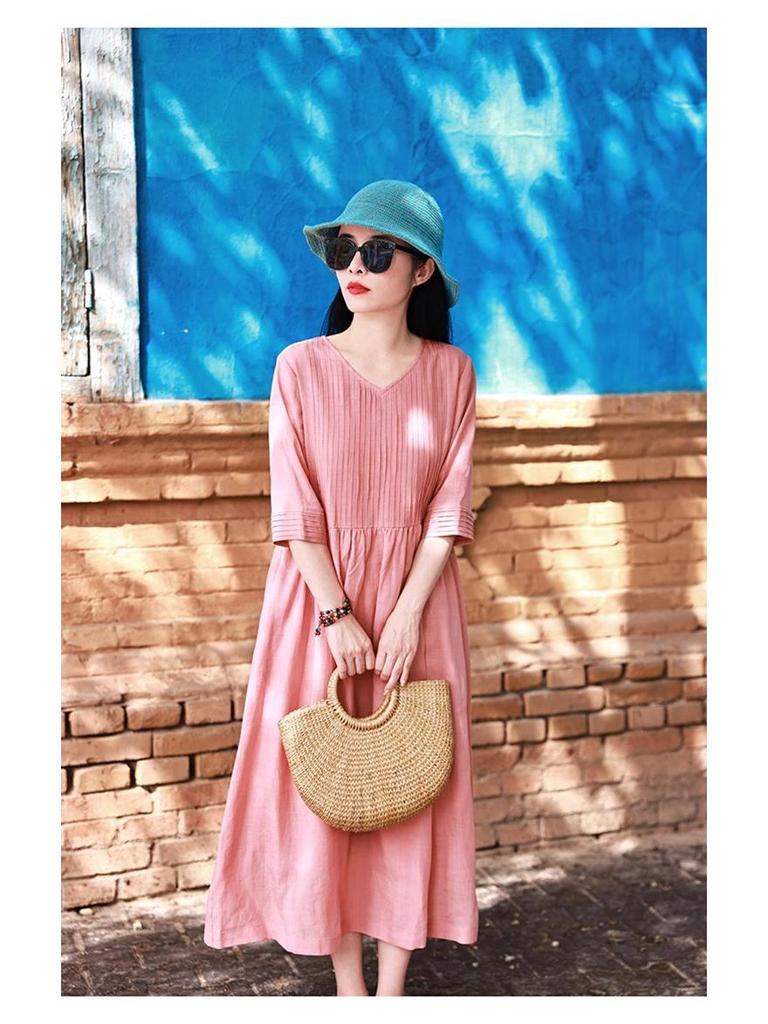 2026 Summer Cotton Linen V-Neck Artistic Long Dress for Women