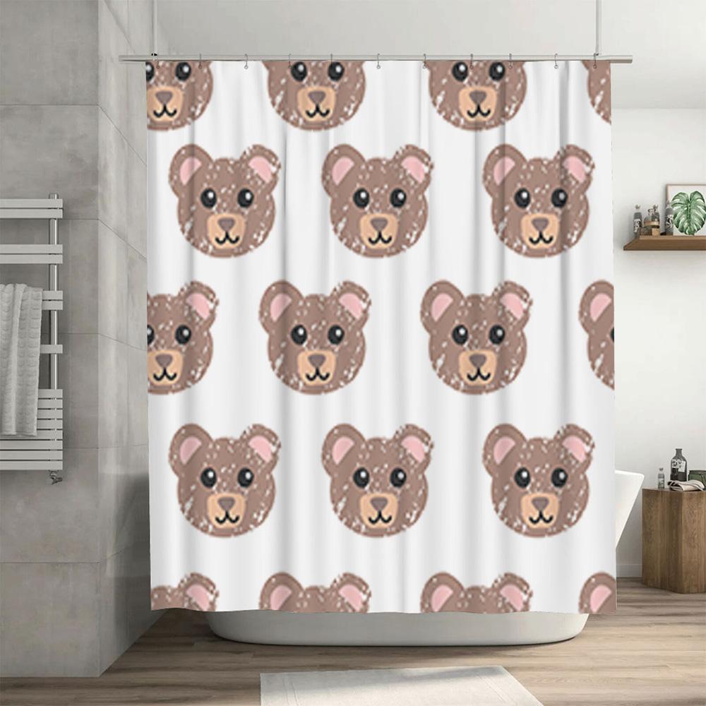 Cute Brown Bear Print Shower Curtain for Bathroom Decor Waterproof Fabric with Hooks Included (Size: 69x70 inches)