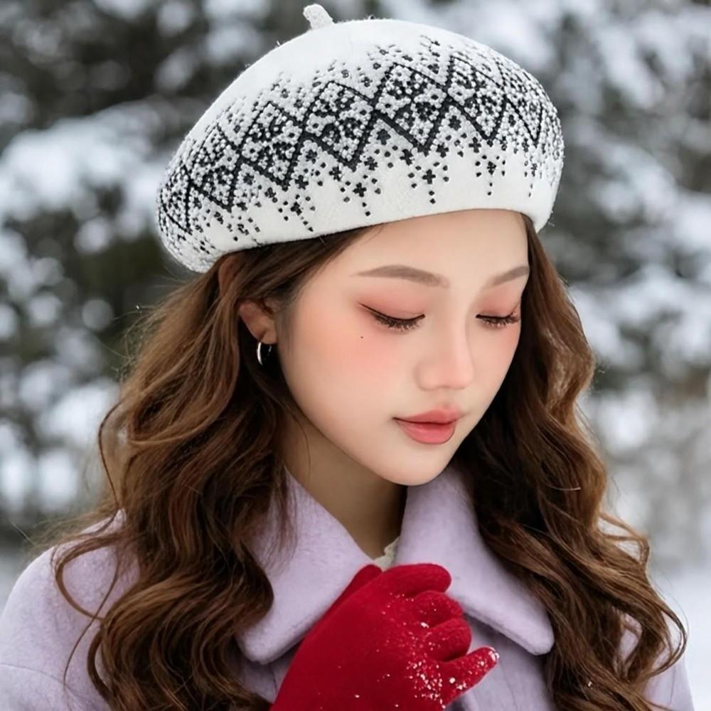 Keep Warm Beret Hat Retro Pattern Kintted Hat Retro Fashion Hat Autumn