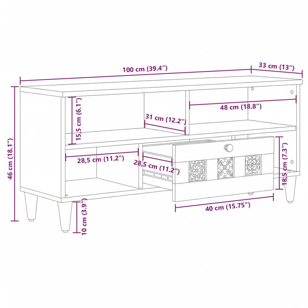 TV Stand with Shelf Natural Finish 100 x 33 x 46 cm Solid Mango Wood