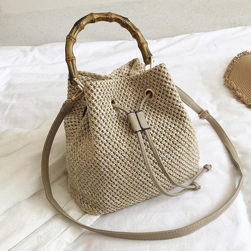 Bolso de hombro tipo cubo femenino de paja de ratán de verano hecho a mano, de gran capacidad, de tela, para playa, con asa superior de madera, tipo bandolera